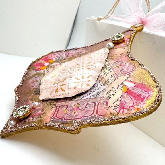Handcrafted OOAK Collage Ornament Gold Pink Accents Pearl Rhinestone - Picture 2 of 8
